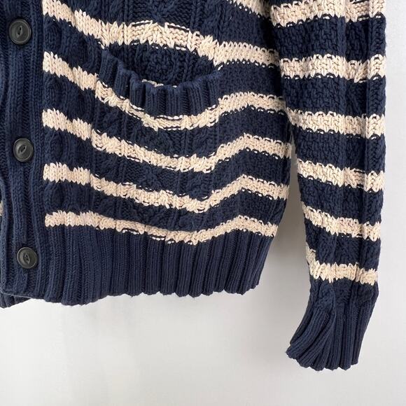 L.L.Bean Signature Stripe Shawl Collar Cardigan Navy Blue Cotton - Picture 6 of 9